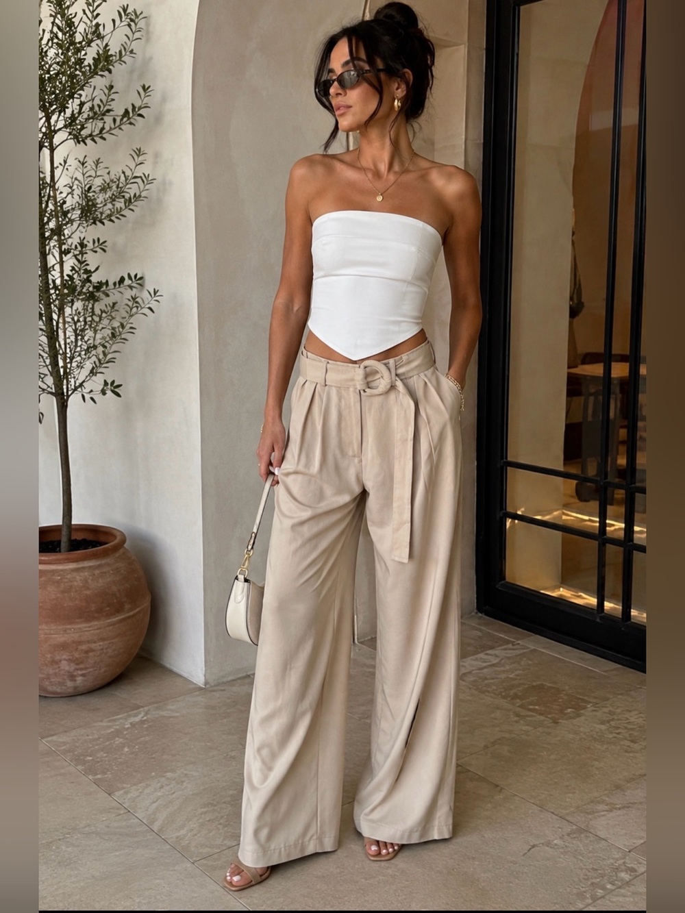DISSH Wide Leg Trousers Size 8 Beige High Rise Pleated Belted Tailored Pants